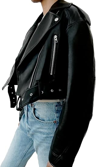 Faux Leather Lapel Zipper Biker Cropped Jacket