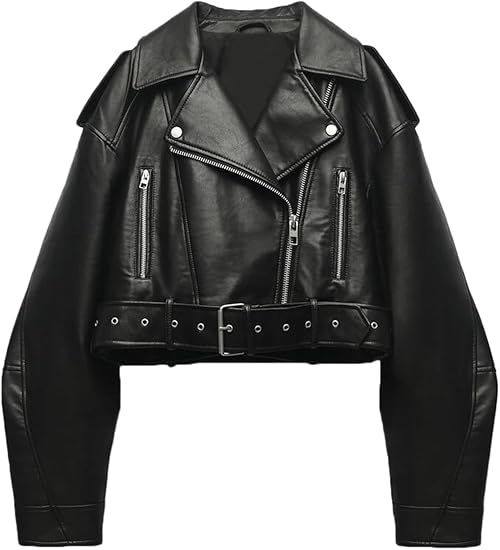 Faux Leather Lapel Zipper Biker Cropped Jacket