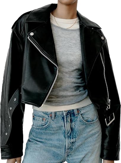 Faux Leather Lapel Zipper Biker Cropped Jacket