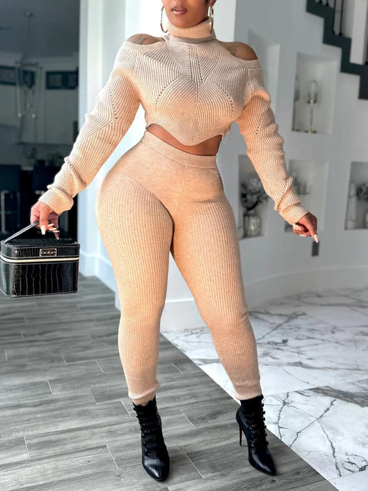 Cold-Shoulder Turtleneck Knit Top & Pants Set