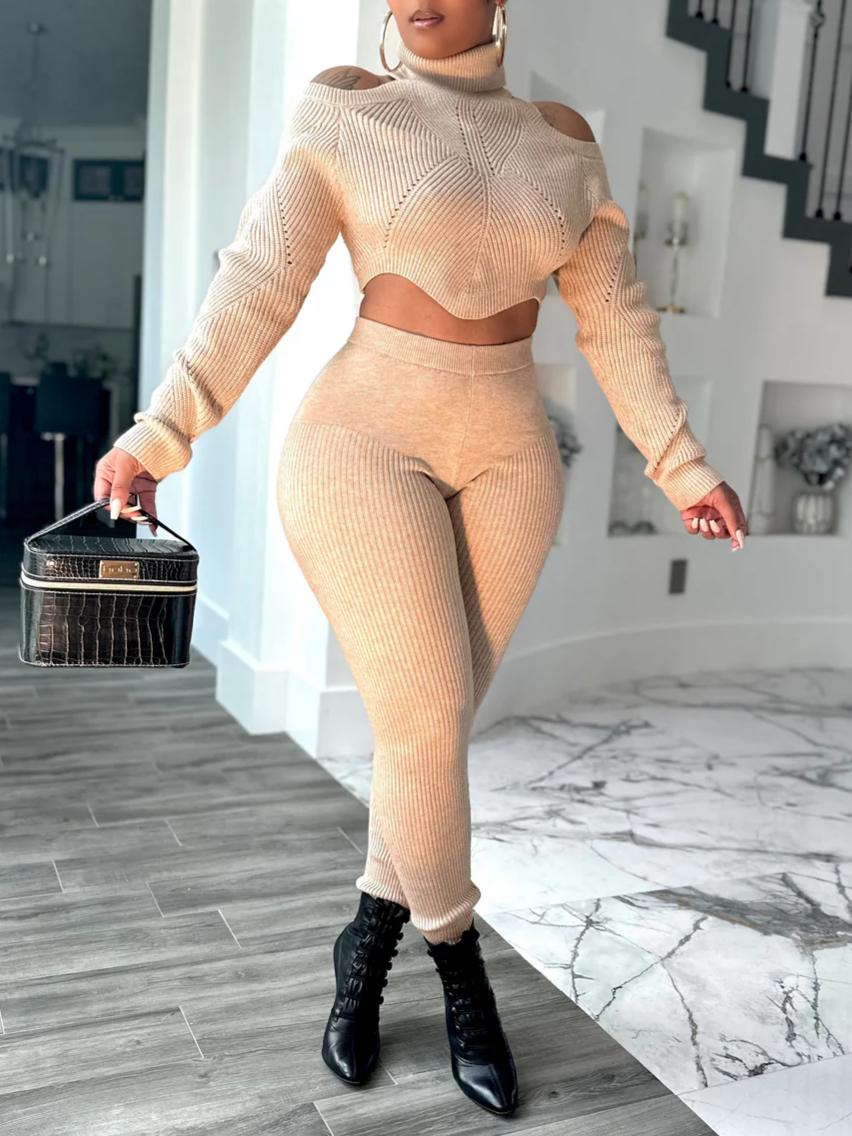 Cold-Shoulder Turtleneck Knit Top & Pants Set