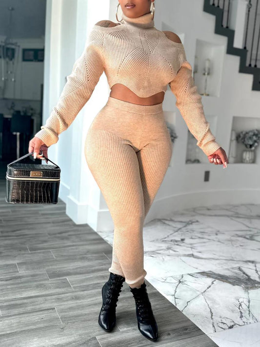 Cold-Shoulder Turtleneck Knit Top & Pants Set