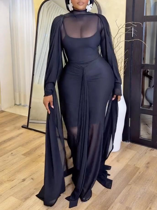 Sheer Tulle Dress with Cape