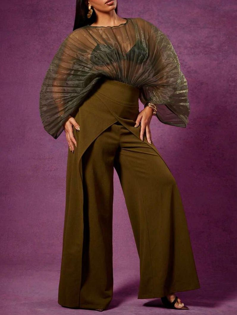 Solid Sheer Pleated Organza Draped Sleeve Top