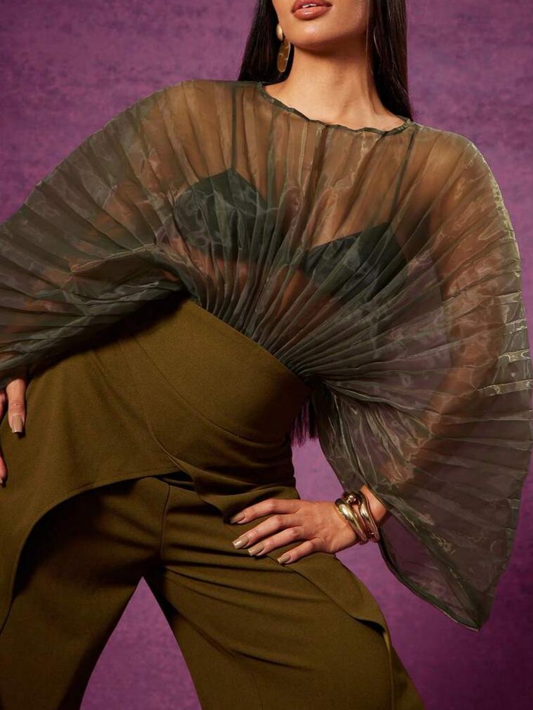 Solid Sheer Pleated Organza Draped Sleeve Top