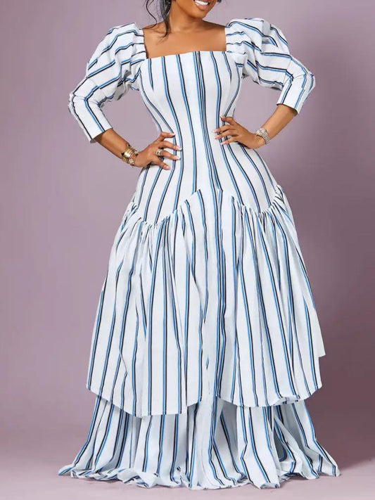 Striped Square-Neck Puff Sleeve Maxi Dress