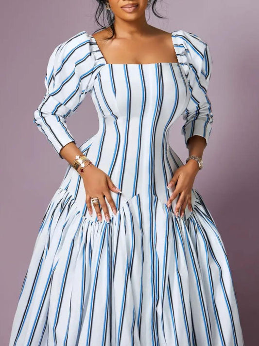 Striped Square-Neck Puff Sleeve Maxi Dress