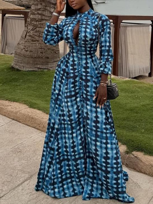 Blue Tie-Dye Button-Front Maxi Dress