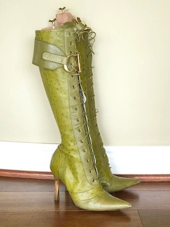 Ostrich-Embossed Lace-Up Pointed-Toe High Heel Boots