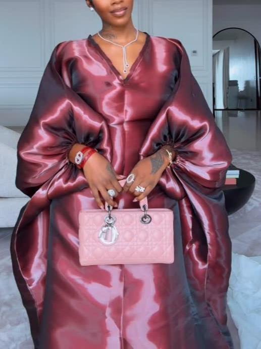 Glossy Satin Statement Maxi Dress with Voluminous Sleeves