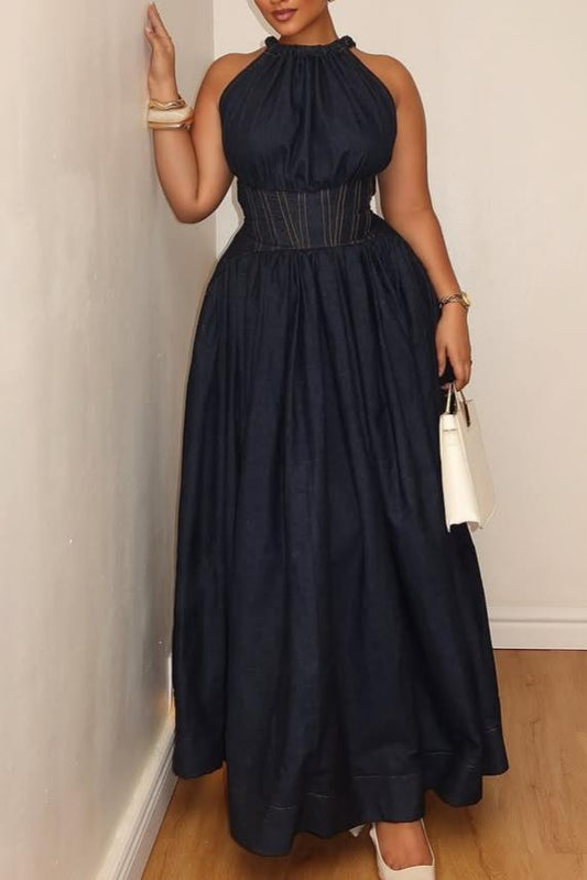 Halter Neck Denim Maxi Dress with Cinched Waist
