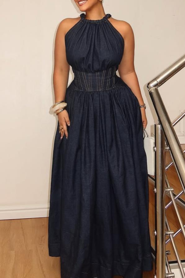 Halter Neck Denim Maxi Dress with Cinched Waist