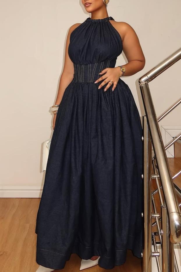 Halter Neck Denim Maxi Dress with Cinched Waist
