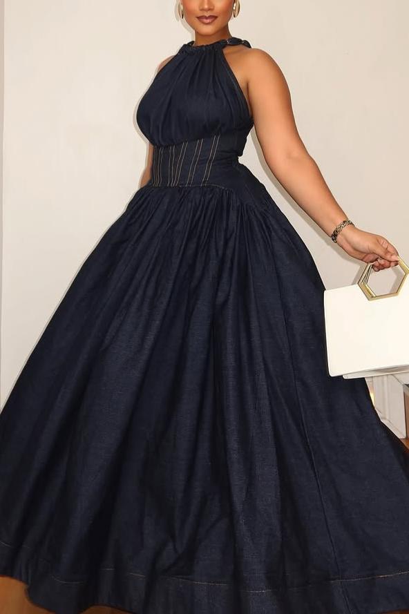 Halter Neck Denim Maxi Dress with Cinched Waist