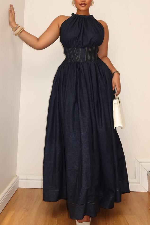 Halter Neck Denim Maxi Dress with Cinched Waist