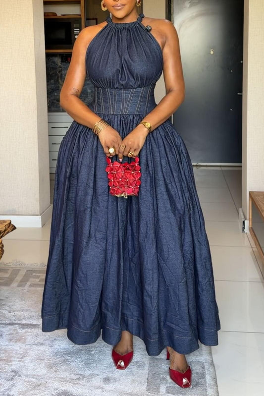 Halter Neck Denim Maxi Dress with Cinched Waist
