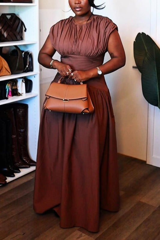 Ruched Waist Brown Maxi Dress