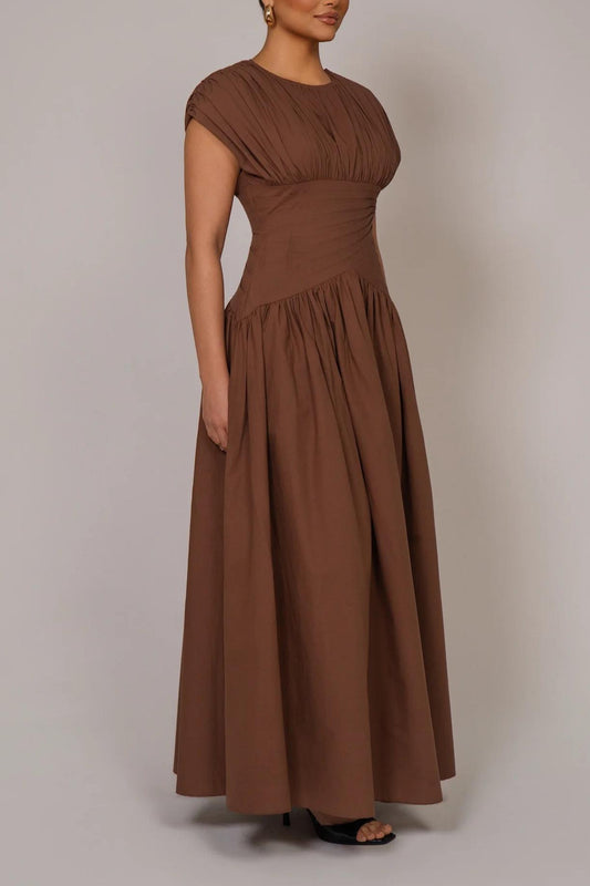 Ruched Waist Brown Maxi Dress