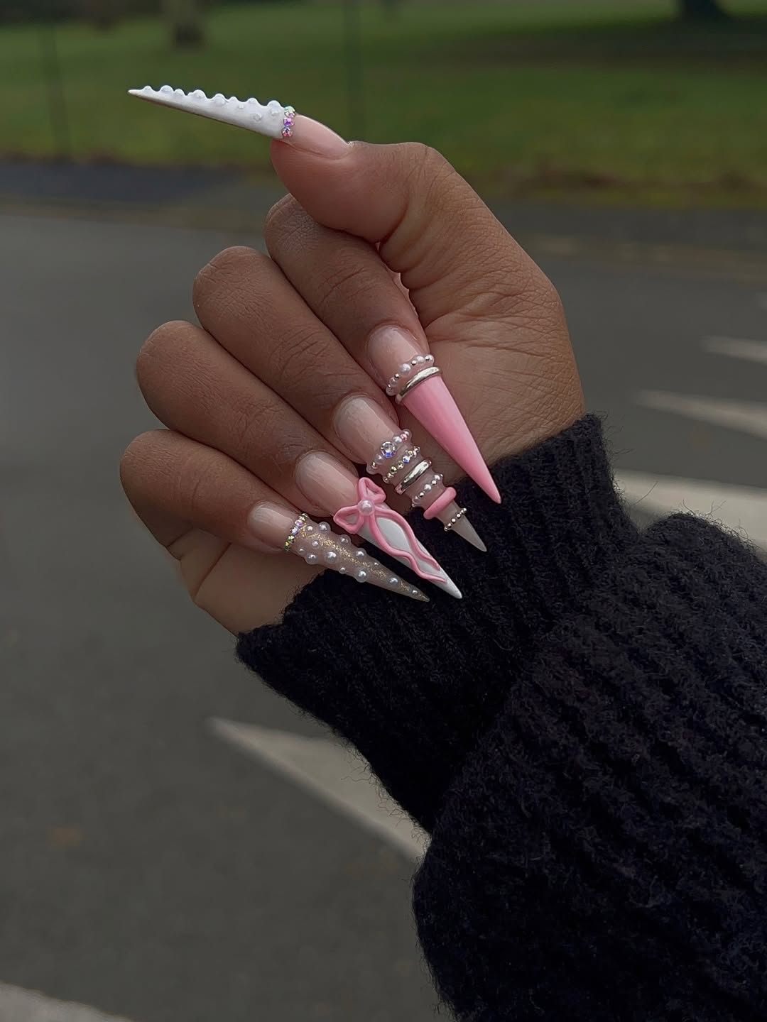 Pink Pearl Bow Stiletto Press-On Nails
