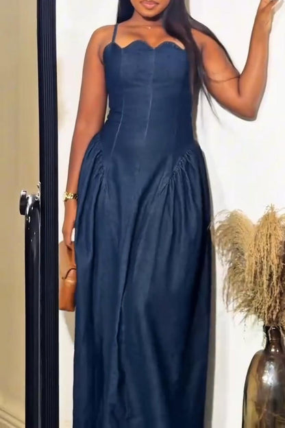 Scallop Neck Denim Strap Dress