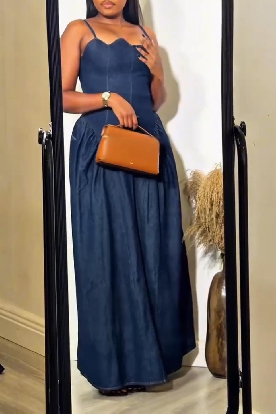 Scallop Neck Denim Strap Dress