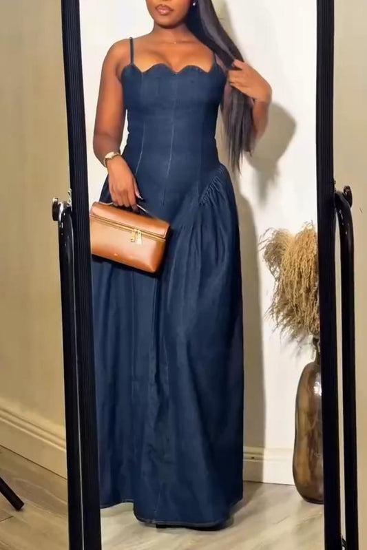 Scallop Neck Denim Strap Dress