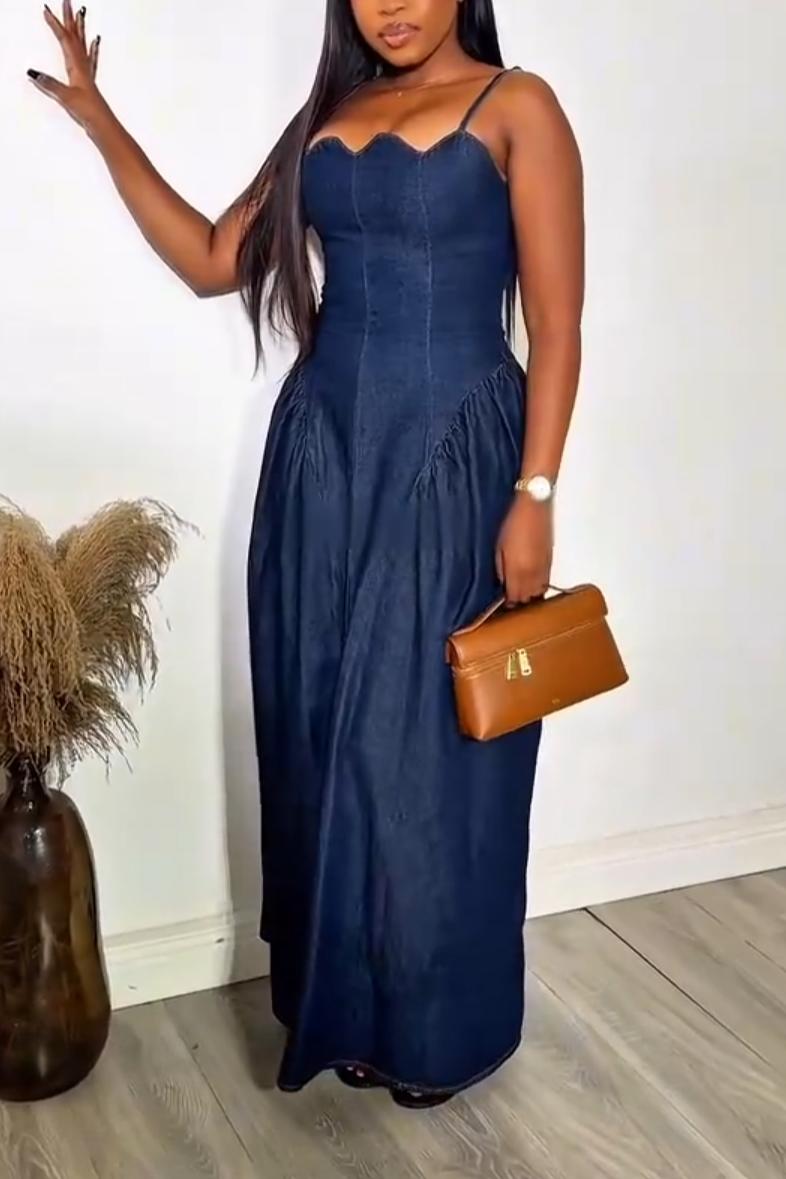 Scallop Neck Denim Strap Dress