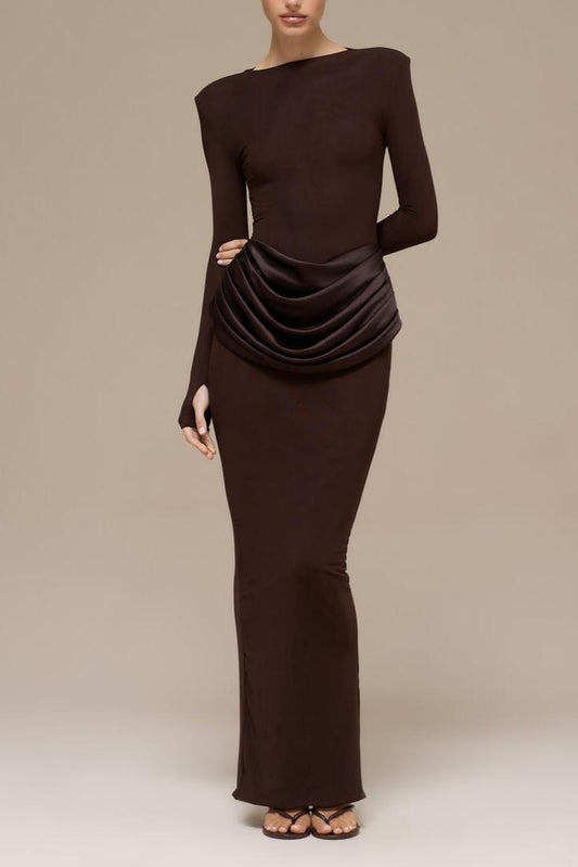 Brown Satin Maxi Dress With Long Sleeves And Ruffles