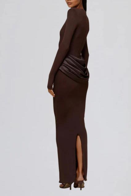 Brown Satin Maxi Dress With Long Sleeves And Ruffles