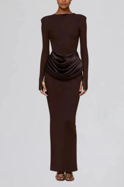 Brown Satin Maxi Dress With Long Sleeves And Ruffles