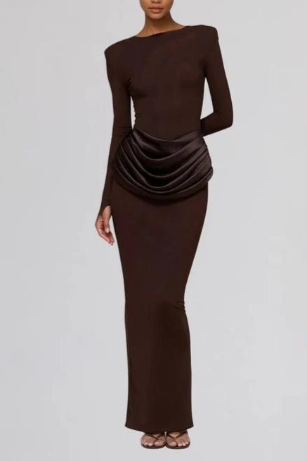 Brown Satin Maxi Dress With Long Sleeves And Ruffles