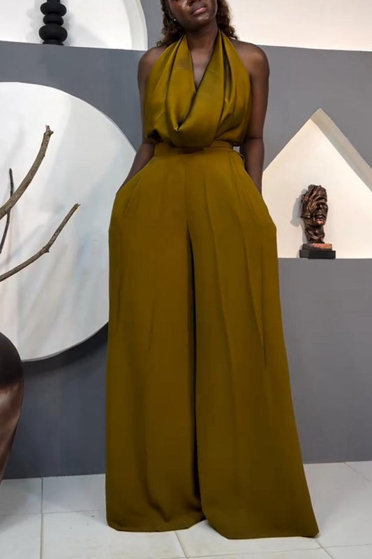 Elegant Satin Halter Neck Wide-Leg Jumpsuit