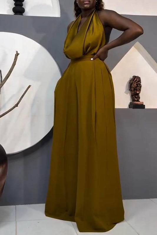 Elegant Satin Halter Neck Wide-Leg Jumpsuit