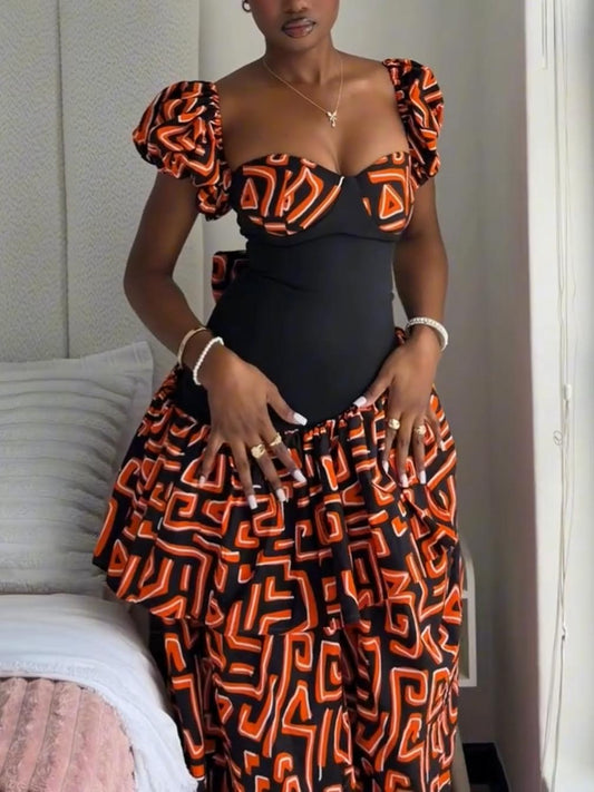 Geometric Print Puff Sleeve Maxi Dress