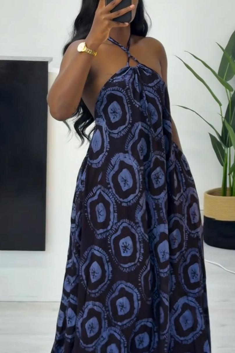 Geometric Print Tie-Back Halter Dress