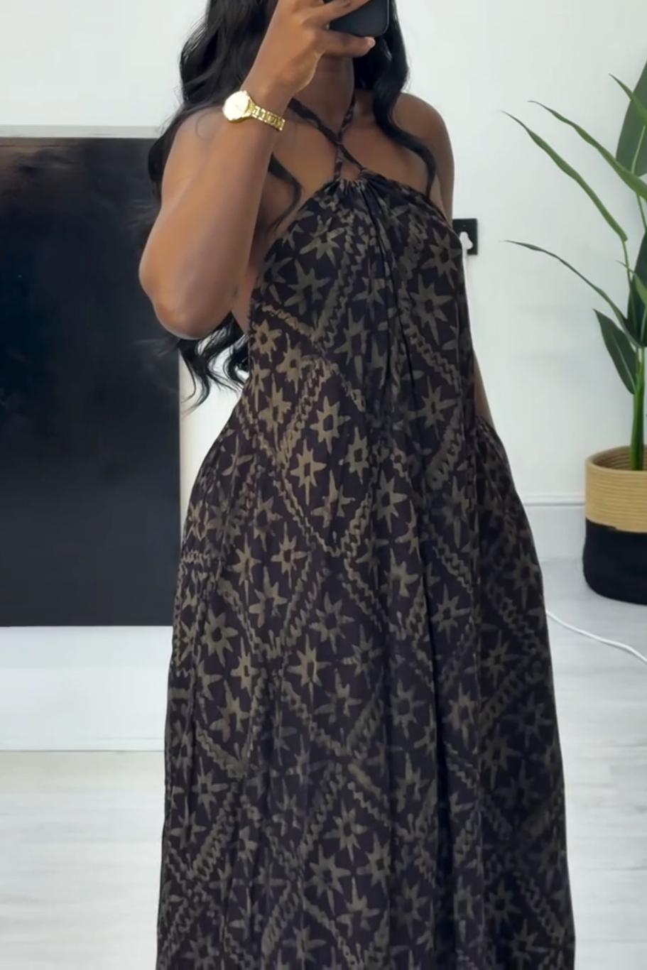 Geometric Print Tie-Back Halter Dress