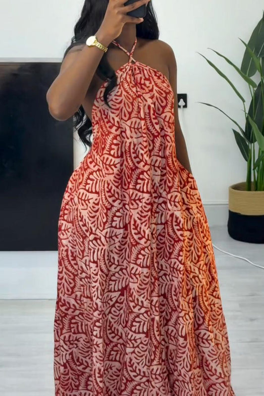 Geometric Print Tie-Back Halter Dress