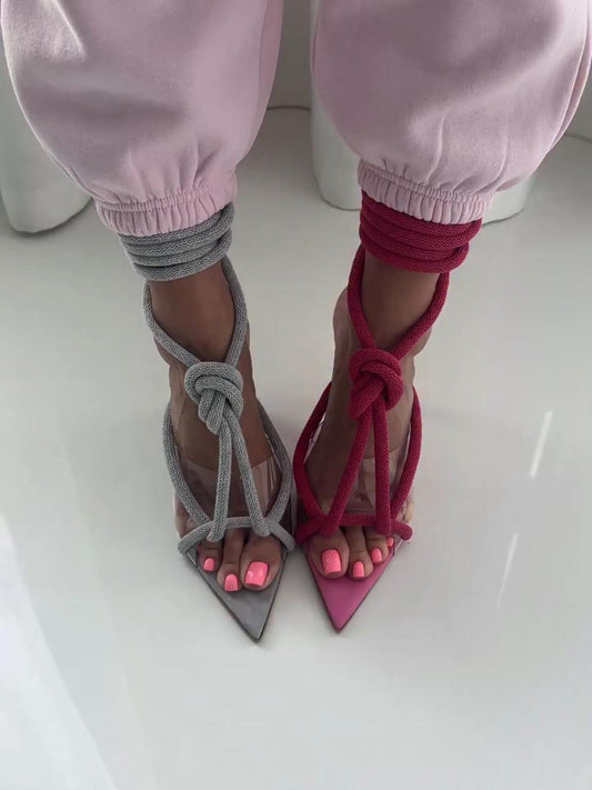 Long Lace-Up Knot Pointed Toe Heeled Sandals