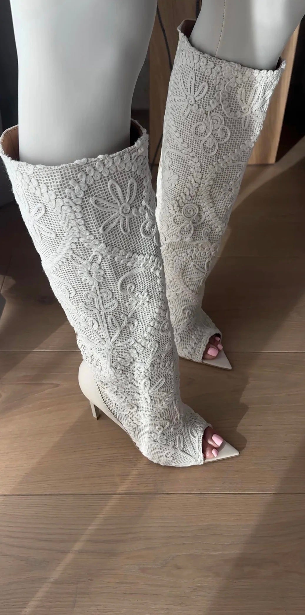 Lace Embroidered Pointed-Toe Peep-Toe High Heel Boots