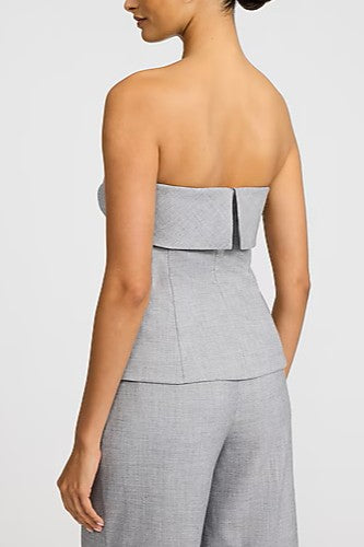 Textured Twill Gray Fold Over Strapless Tailored Top & Mid Rise Wide Leg Pant Set