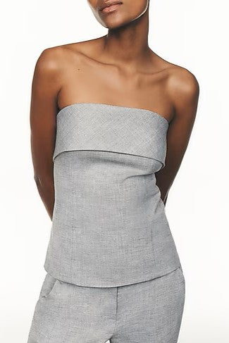 Textured Twill Gray Fold Over Strapless Tailored Top & Mid Rise Wide Leg Pant Set