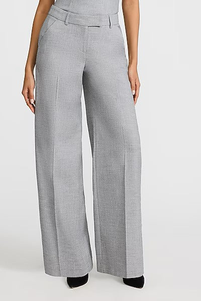 Textured Twill Gray Fold Over Strapless Tailored Top & Mid Rise Wide Leg Pant Set