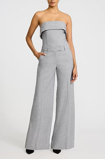 Textured Twill Gray Fold Over Strapless Tailored Top & Mid Rise Wide Leg Pant Set