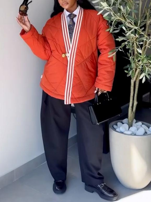 Orange Quilted Collarless Jacket