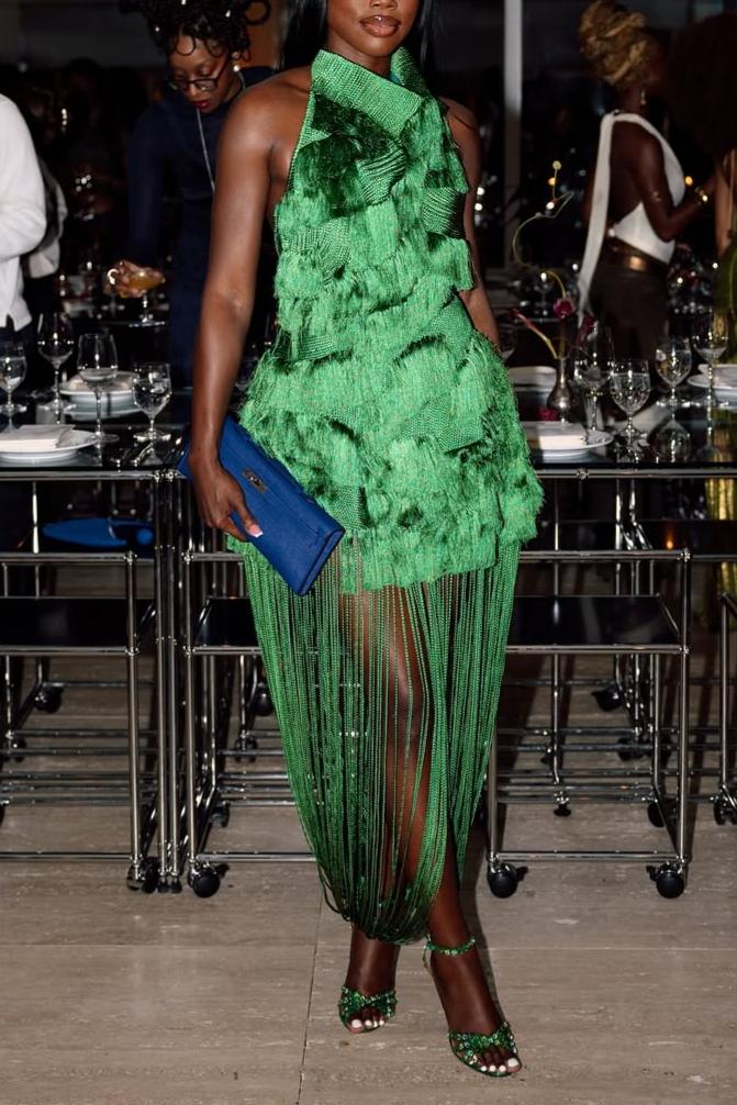 Luxe Fringe High Neck Evening Dress