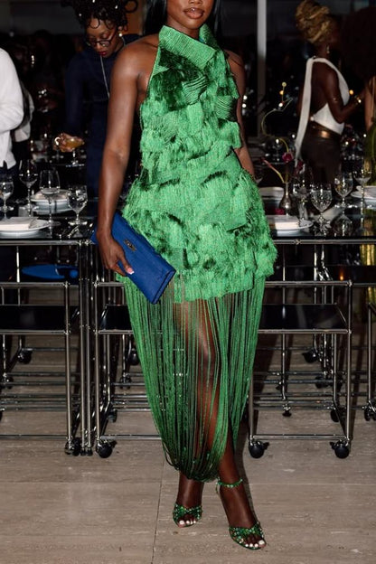 Luxe Fringe High Neck Evening Dress