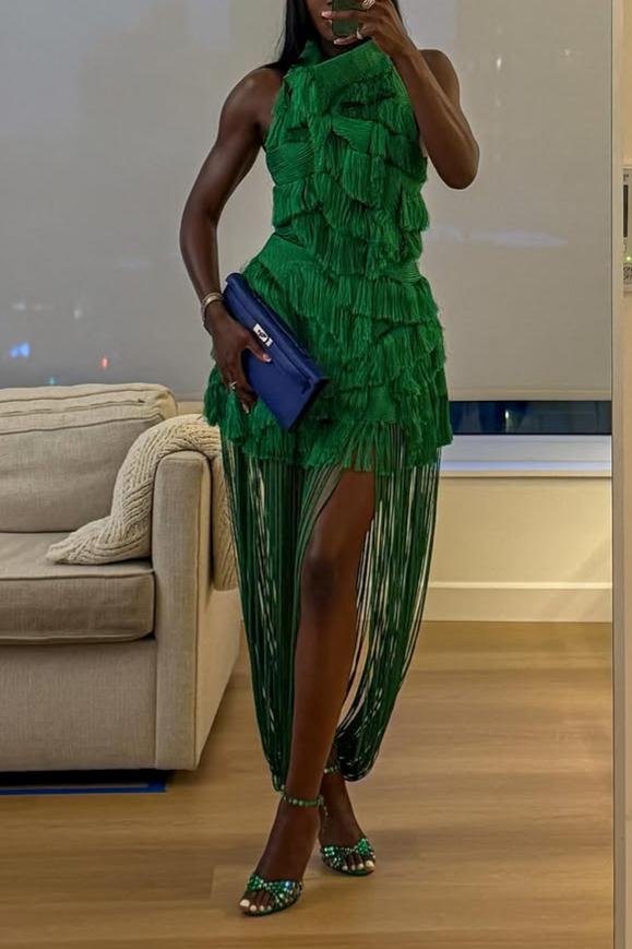 Luxe Fringe High Neck Evening Dress