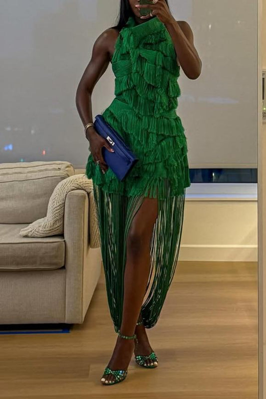 Luxe Fringe High Neck Evening Dress