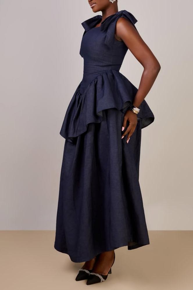 Double-Layer Skirt Tie-Front Denim Maxi Dress