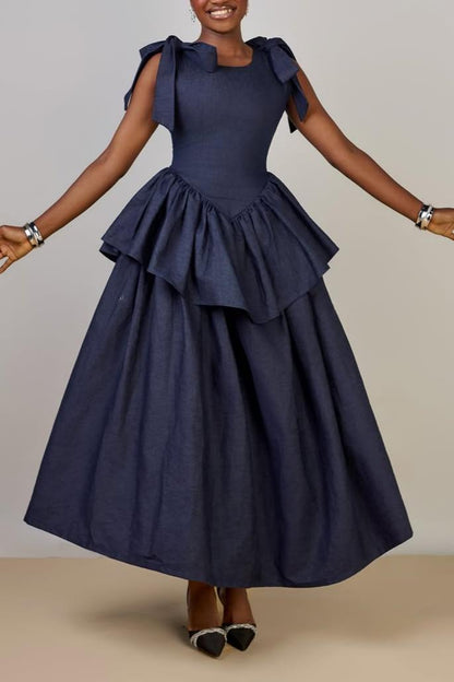 Double-Layer Skirt Tie-Front Denim Maxi Dress